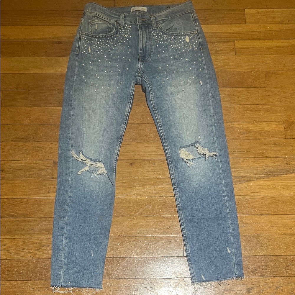 Zara Blue Distressed Ankle Jeans with Studs